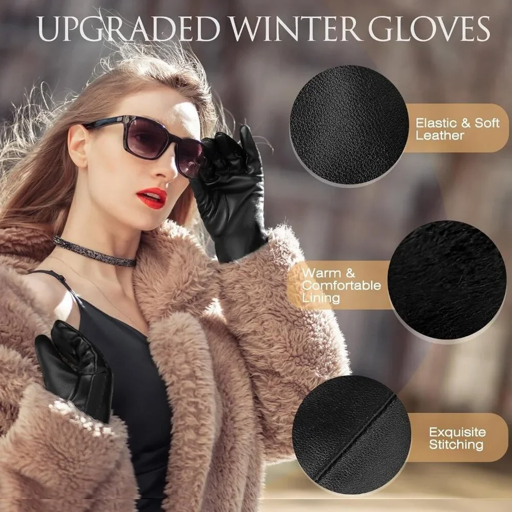 Women's black-medium Leather Winter Gloves Warm Touchscreen Cold Weather